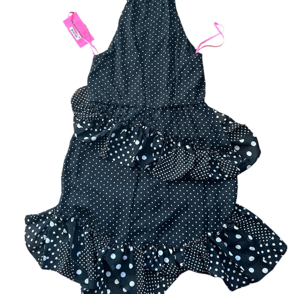 Betsey Johnson Black White Polka Dot Ruffle Halter Dress NWT sz 8 - Picture 2 of 10